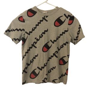 Champion tshirt mens M Medium gray spellout all over short sleeve crew neck